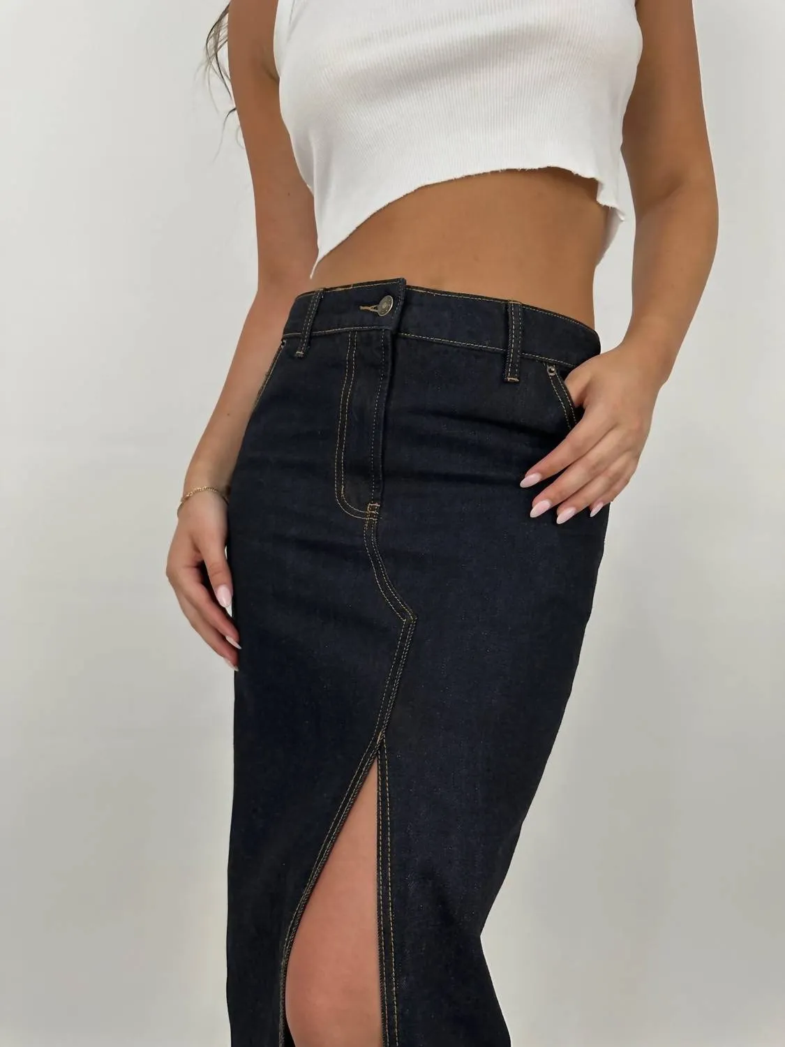 Slit Front Denim Midi Skirt In Dark Blue