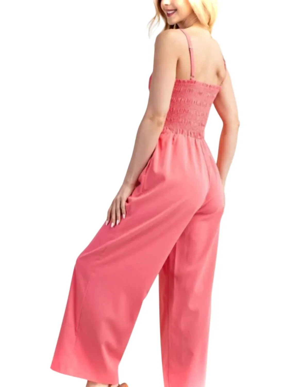 Smocked Bodice Jumpsuit In Pink