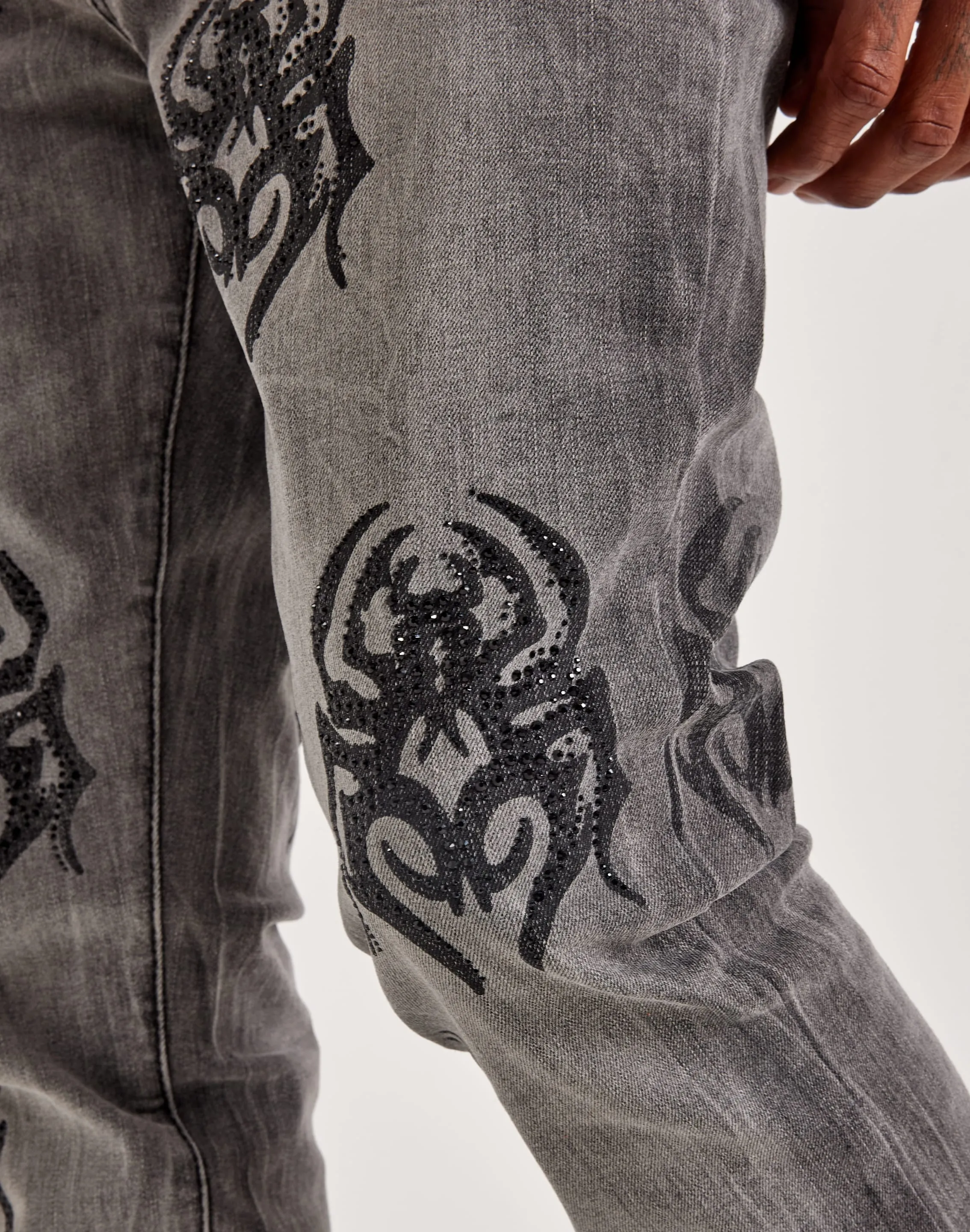 Smoke Rise Rhinestone Spider Stacked Denim Jeans