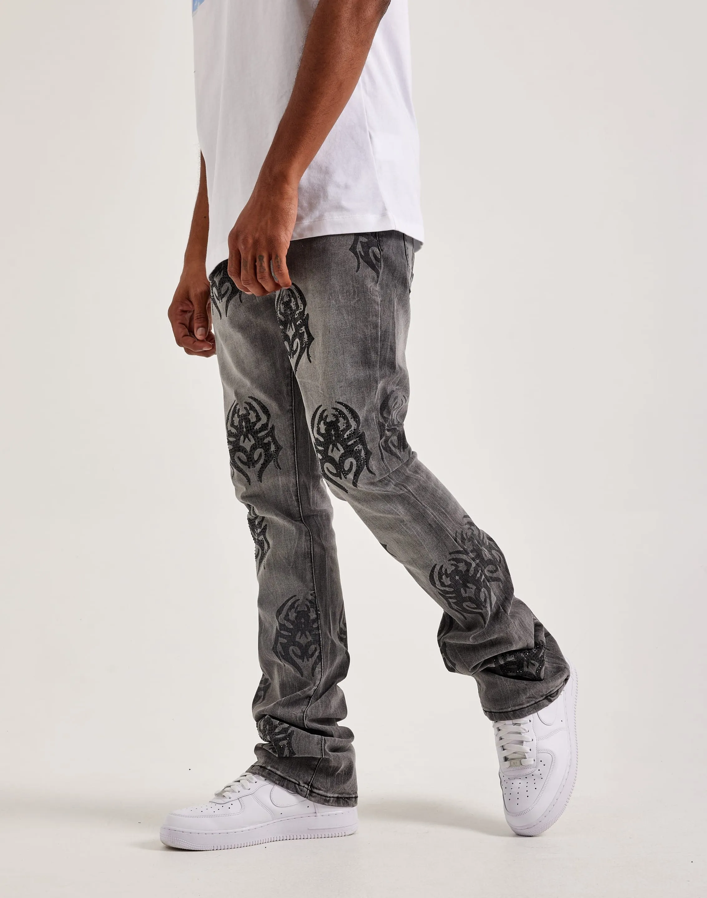 Smoke Rise Rhinestone Spider Stacked Denim Jeans