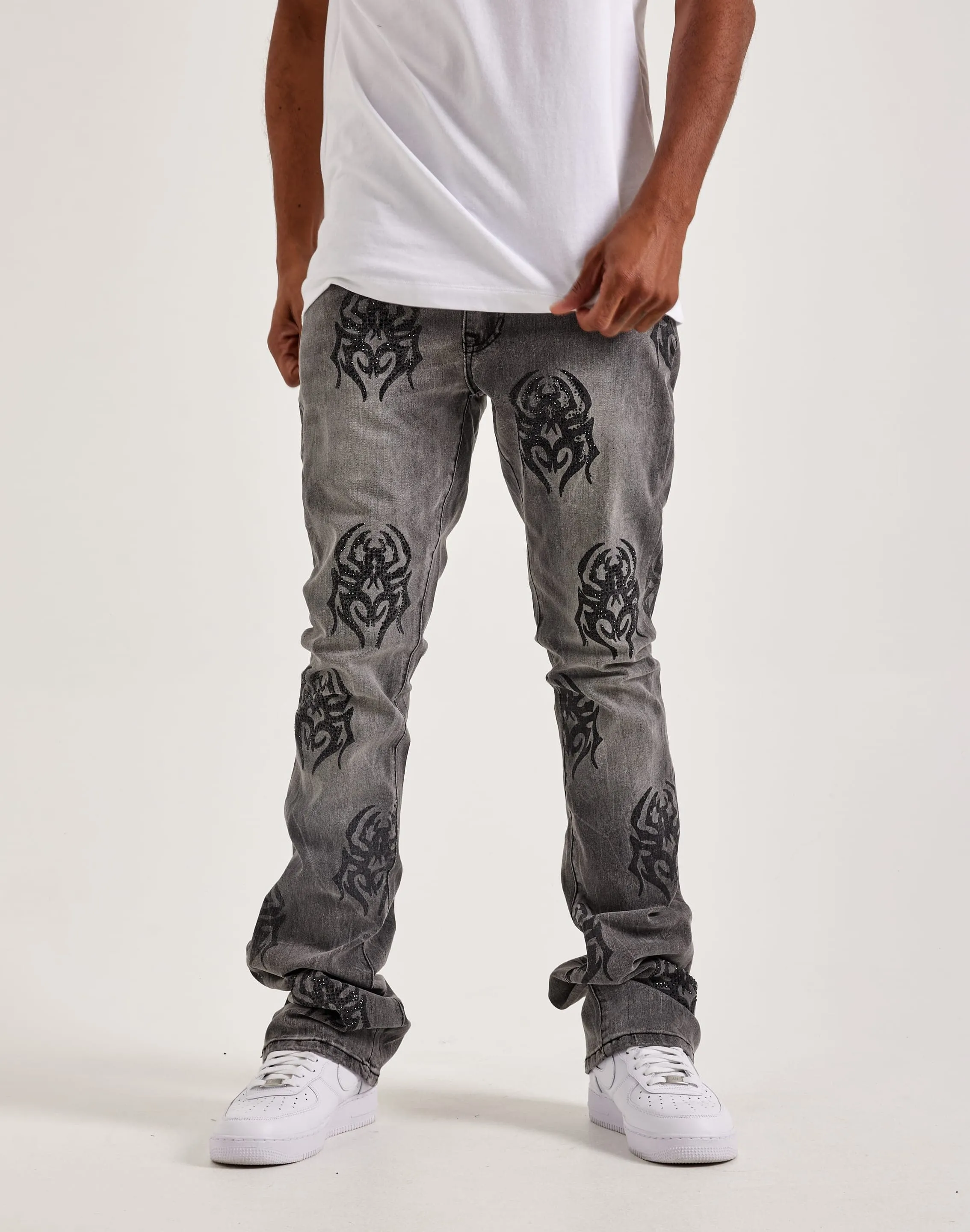 Smoke Rise Rhinestone Spider Stacked Denim Jeans