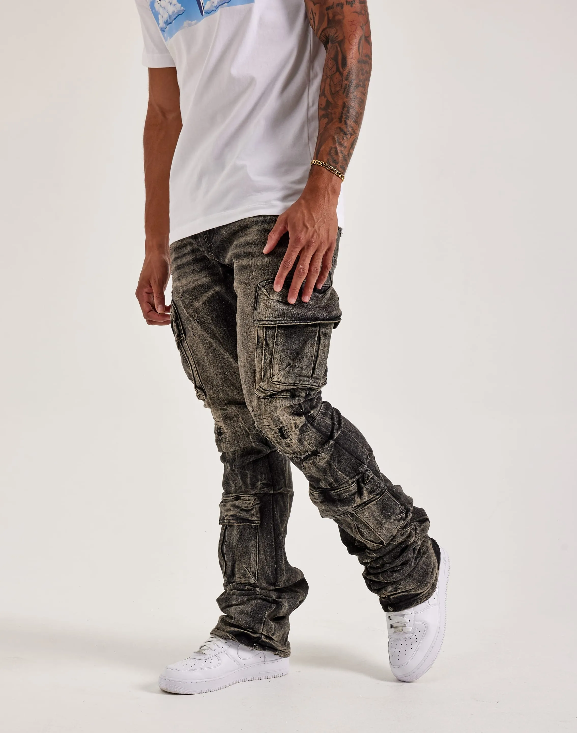 Smoke Rise Stacked Flare Cargo Jeans