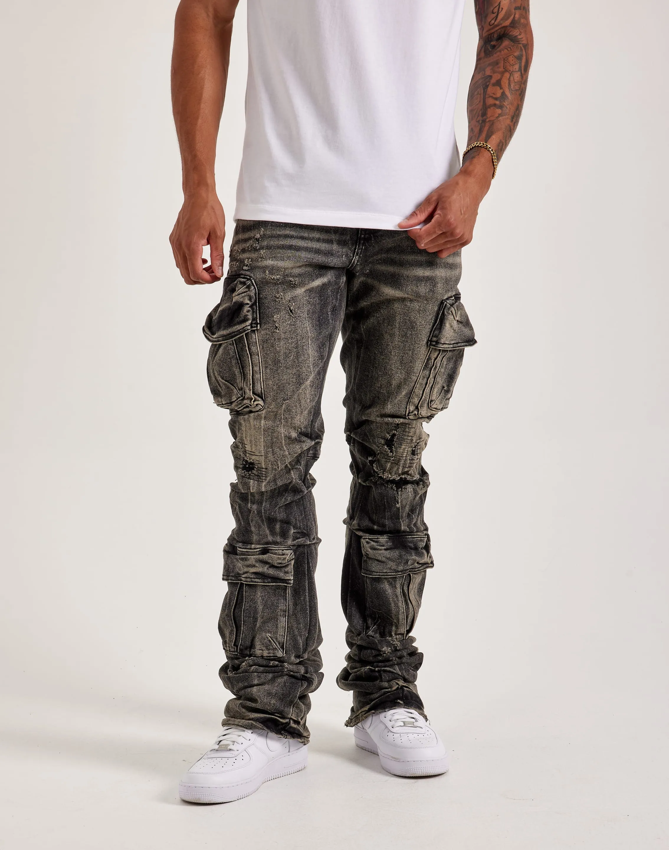 Smoke Rise Stacked Flare Cargo Jeans