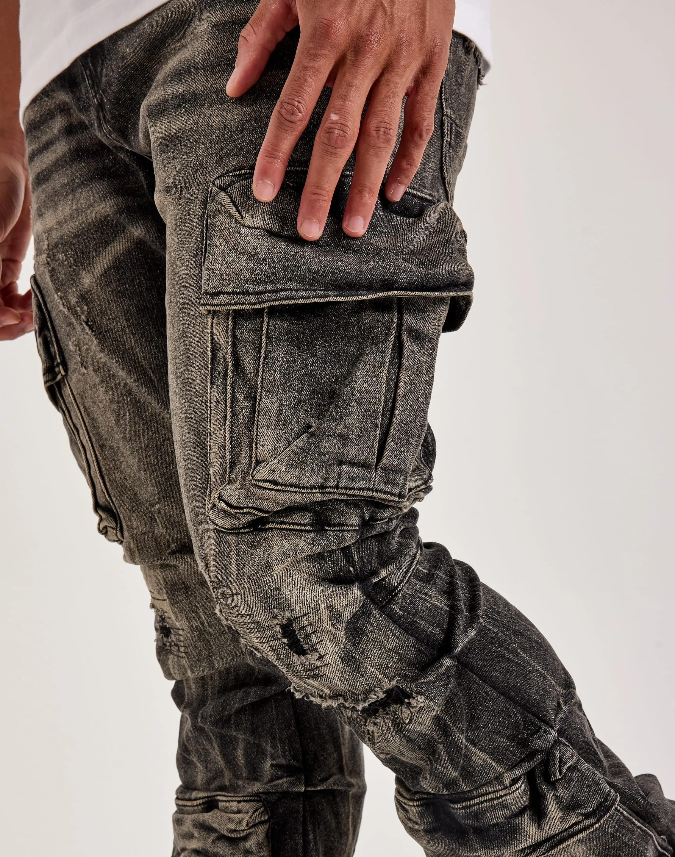 Smoke Rise Stacked Flare Cargo Jeans
