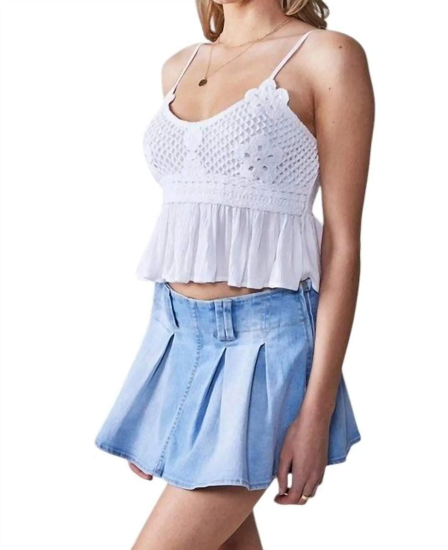 Stretchable Denim Pleated Mini Skort In Light Blue