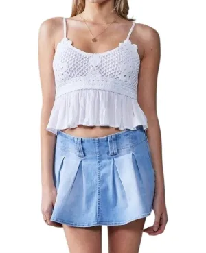 Stretchable Denim Pleated Mini Skort In Light Blue