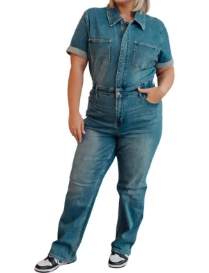 Sylvia Short Sleeve Denim Jumpsuit - Plus In Medium Wash