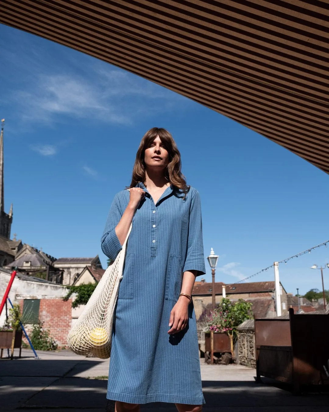 Tara Women's Cotton Shirt Dress | Denim Stripe