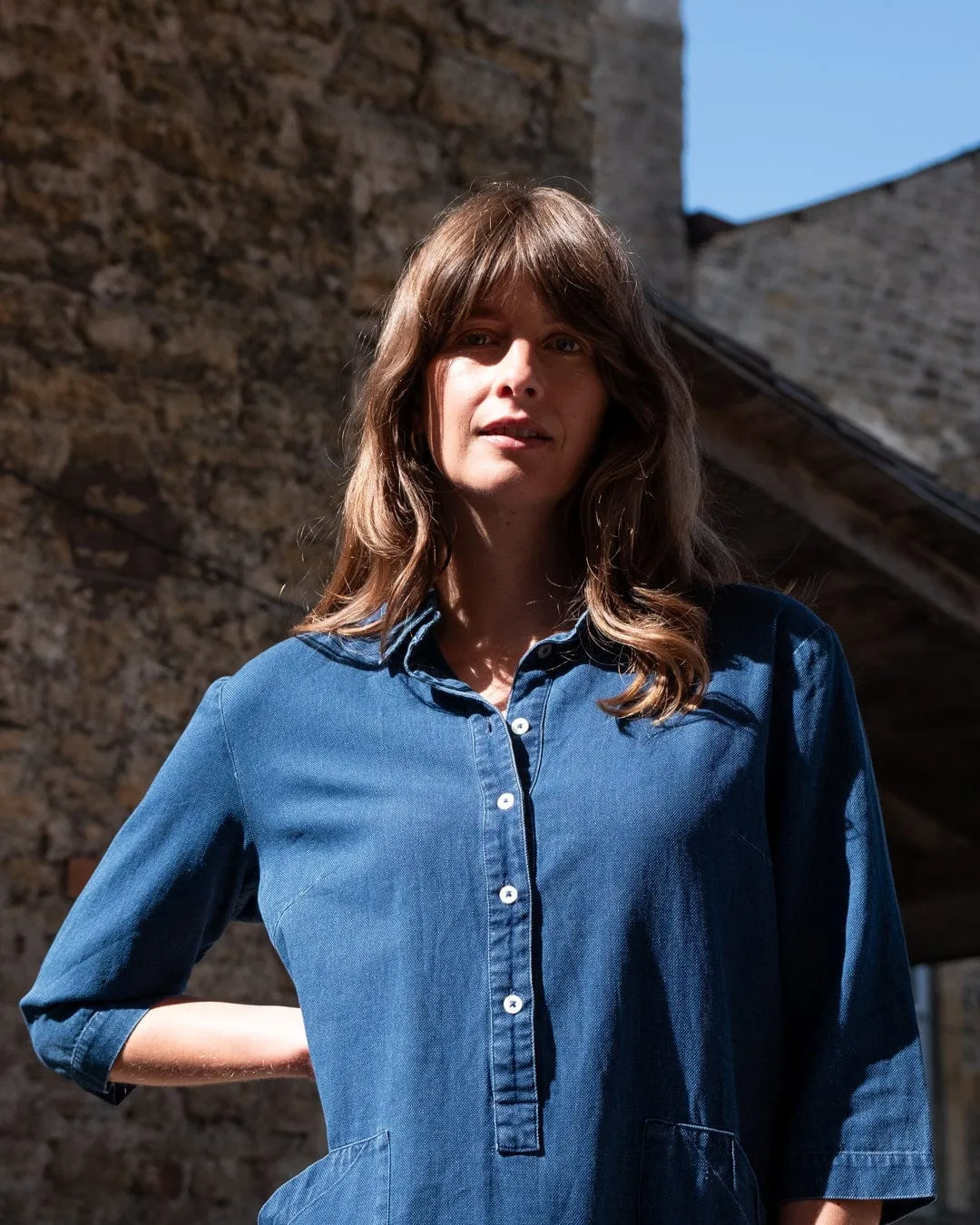 Tara Women's Cotton Shirt Dress | Textured Denim