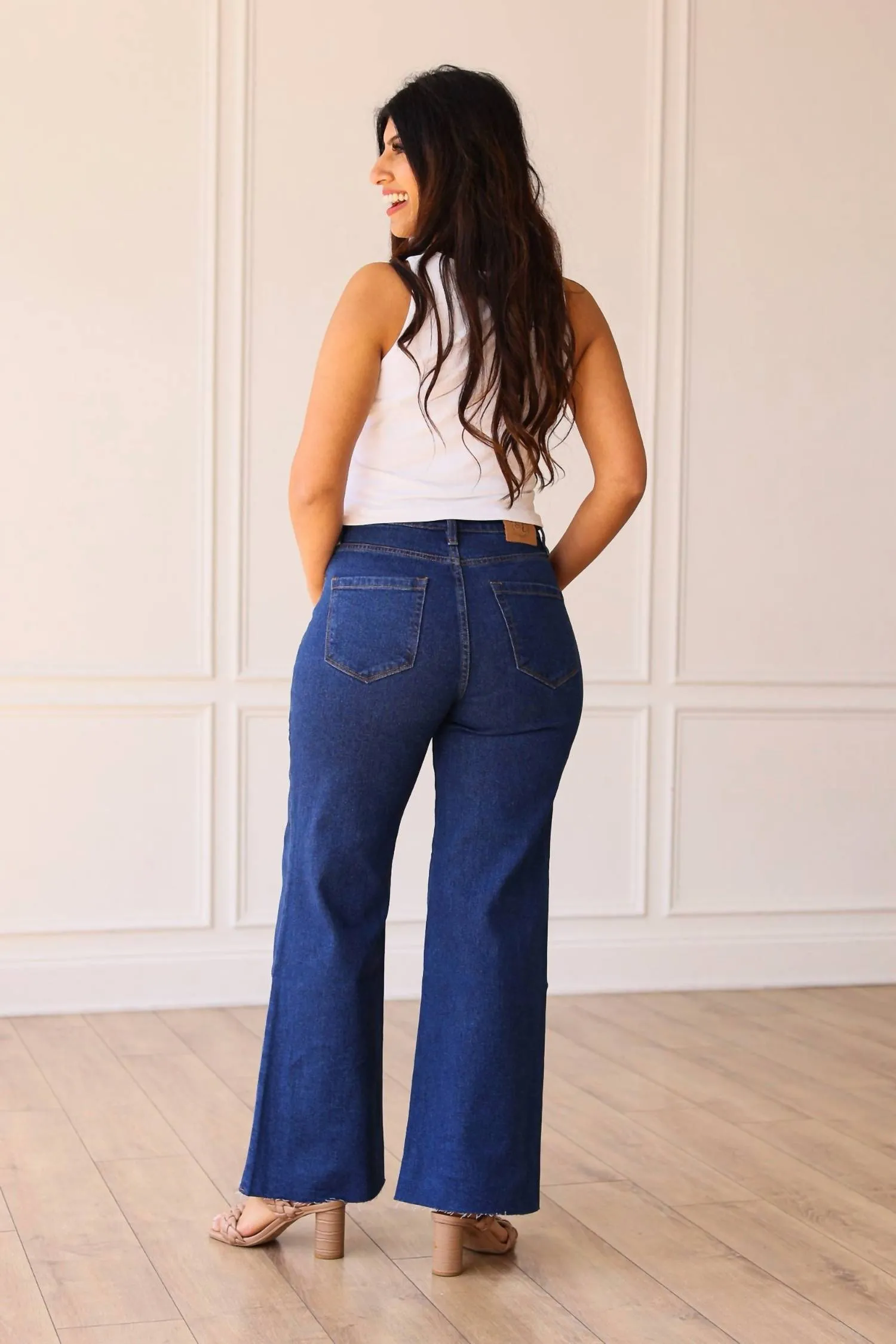 The Dakota High Rise Wide Leg With Fray Hem Denim In True Blue