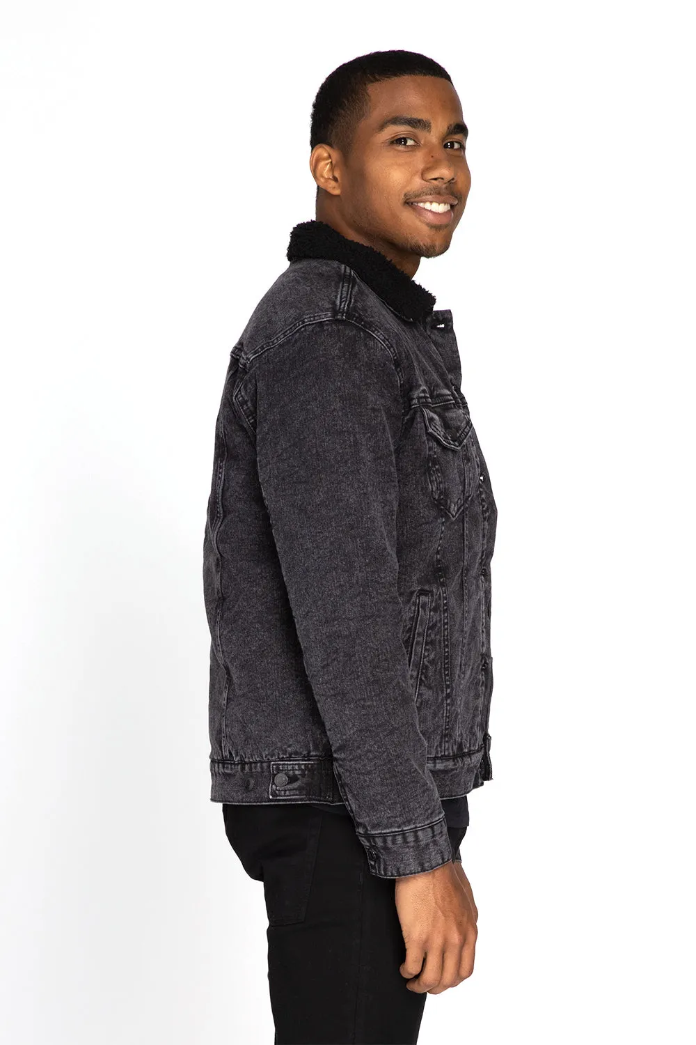 Threadfast Apparel Mens Sherpa Lined Button Down Denim Jacket - Black
