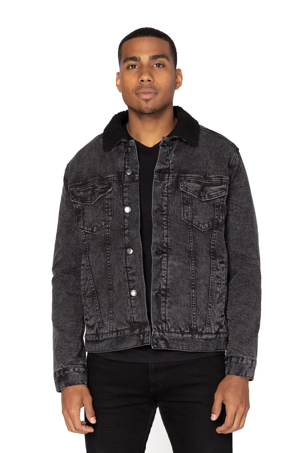 Threadfast Apparel Mens Sherpa Lined Button Down Denim Jacket - Black