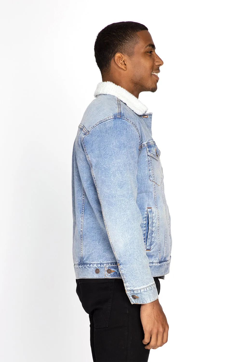 Threadfast Apparel Mens Sherpa Lined Button Down Denim Jacket - Light Blue
