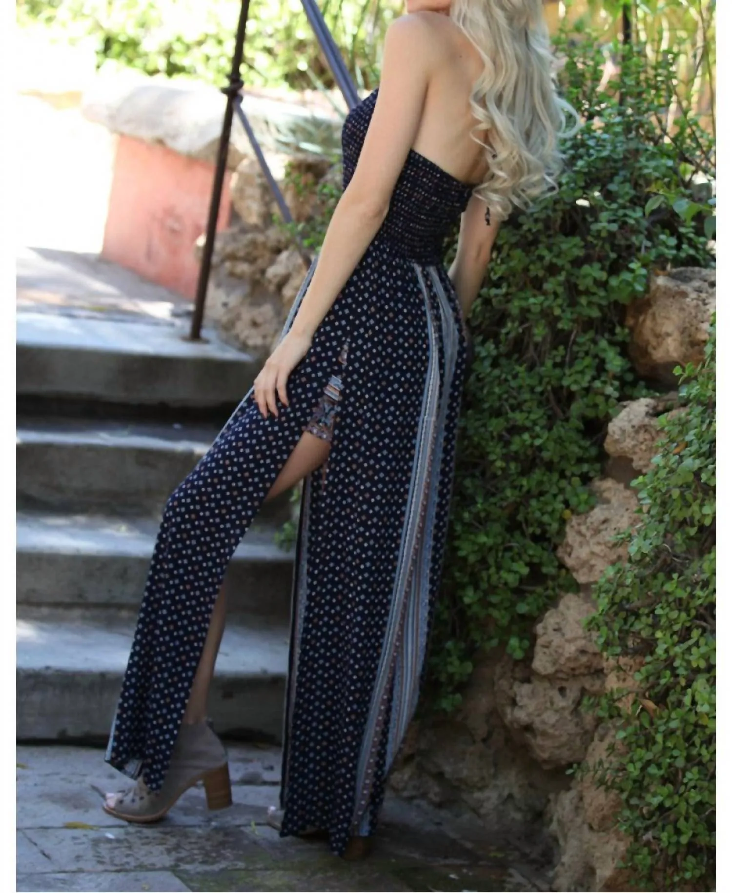 Twin Print Halter Maxi Romper In Navy