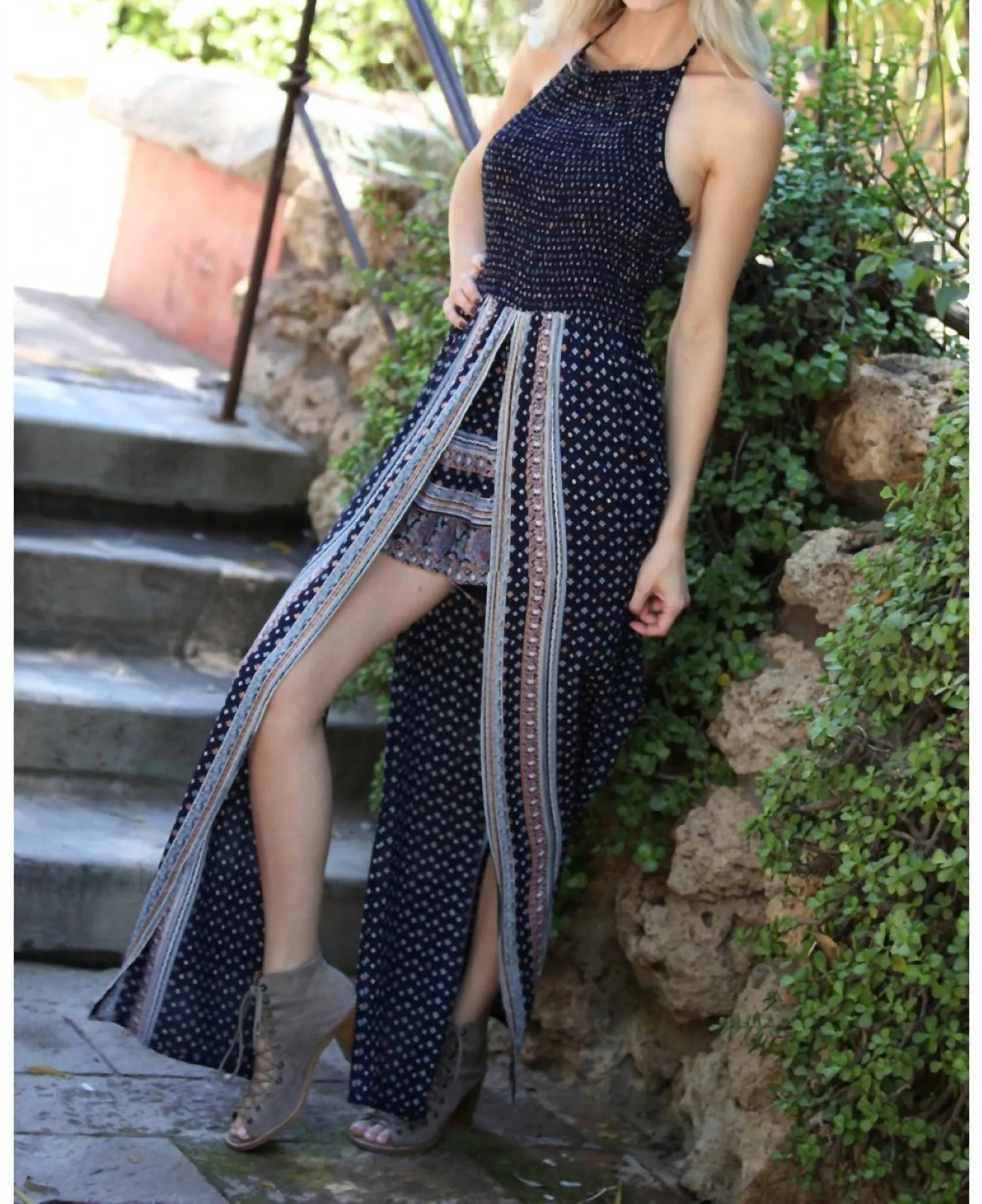Twin Print Halter Maxi Romper In Navy