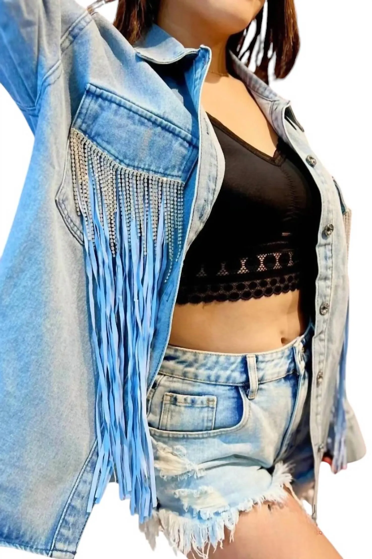 Tyra Double Fringe Denim Shacket In Lightwash Denim