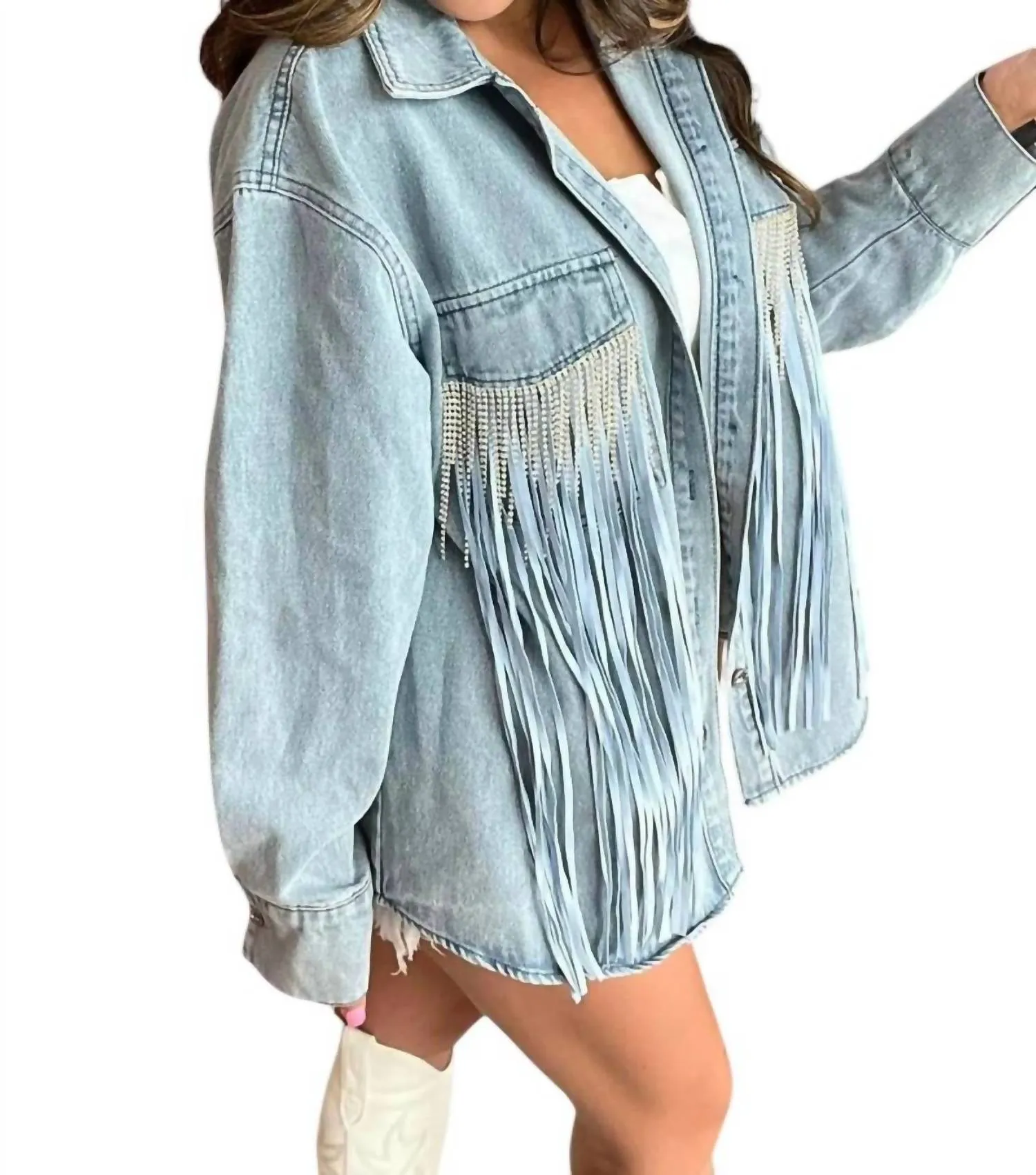Tyra Double Fringe Denim Shacket In Lightwash Denim