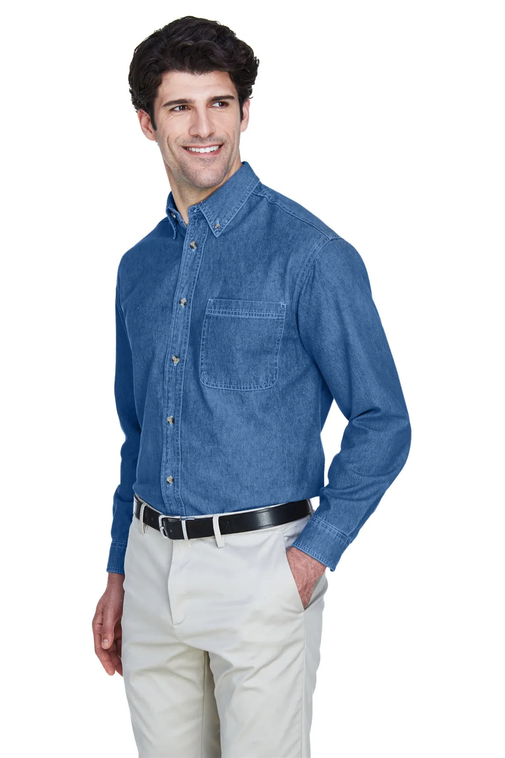UltraClub Mens Cypress Denim Long Sleeve Button Down Shirt w/ Pocket - Indigo Blue