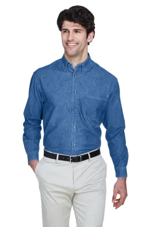 UltraClub Mens Cypress Denim Long Sleeve Button Down Shirt w/ Pocket - Indigo Blue
