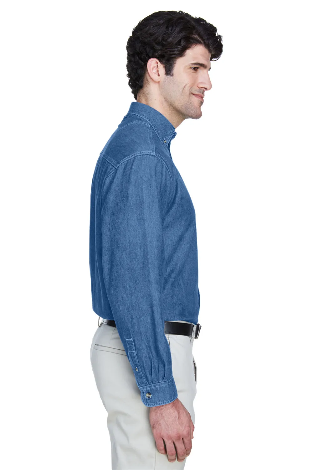 UltraClub Mens Cypress Denim Long Sleeve Button Down Shirt w/ Pocket - Indigo Blue