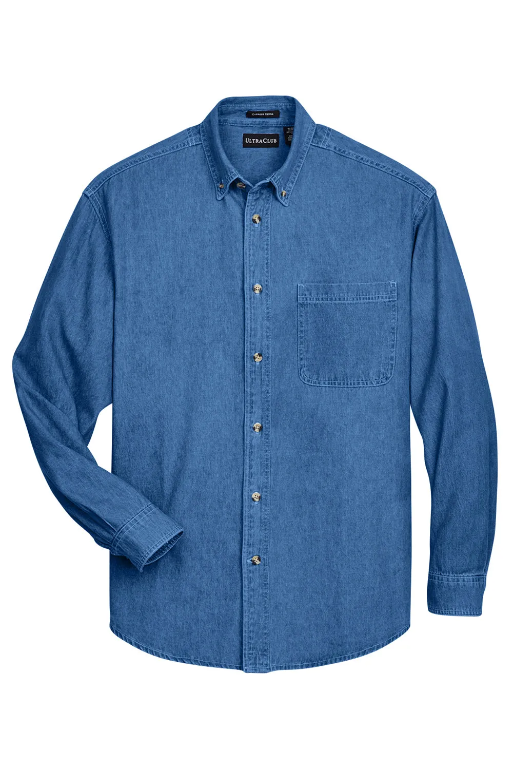 UltraClub Mens Cypress Denim Long Sleeve Button Down Shirt w/ Pocket - Indigo Blue
