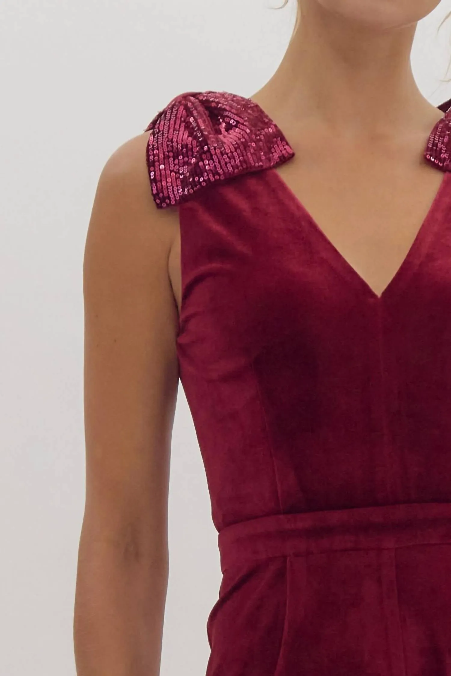 Velvet Sequin Bow Shoulder Jumpsuit In Ruby