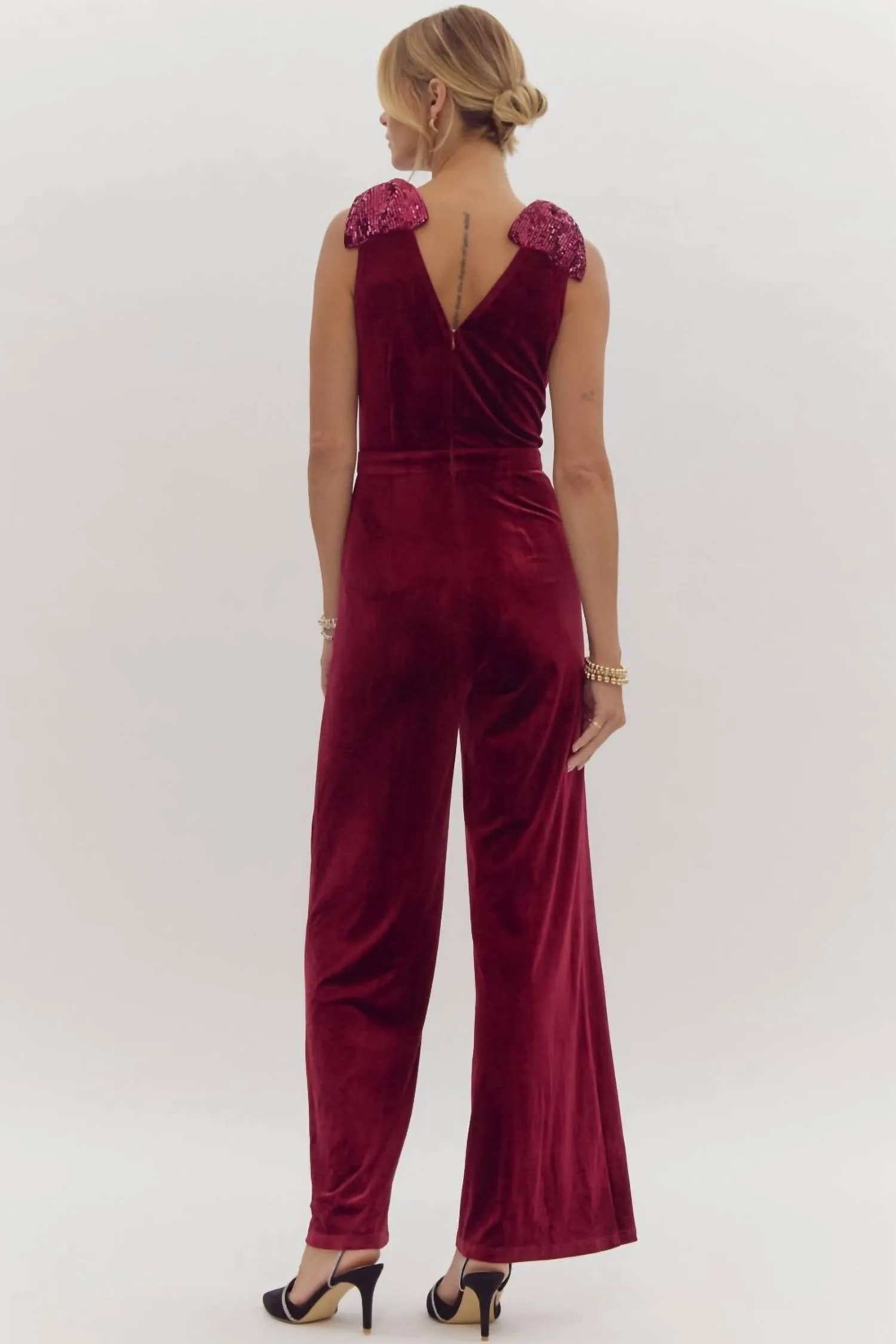Velvet Sequin Bow Shoulder Jumpsuit In Ruby