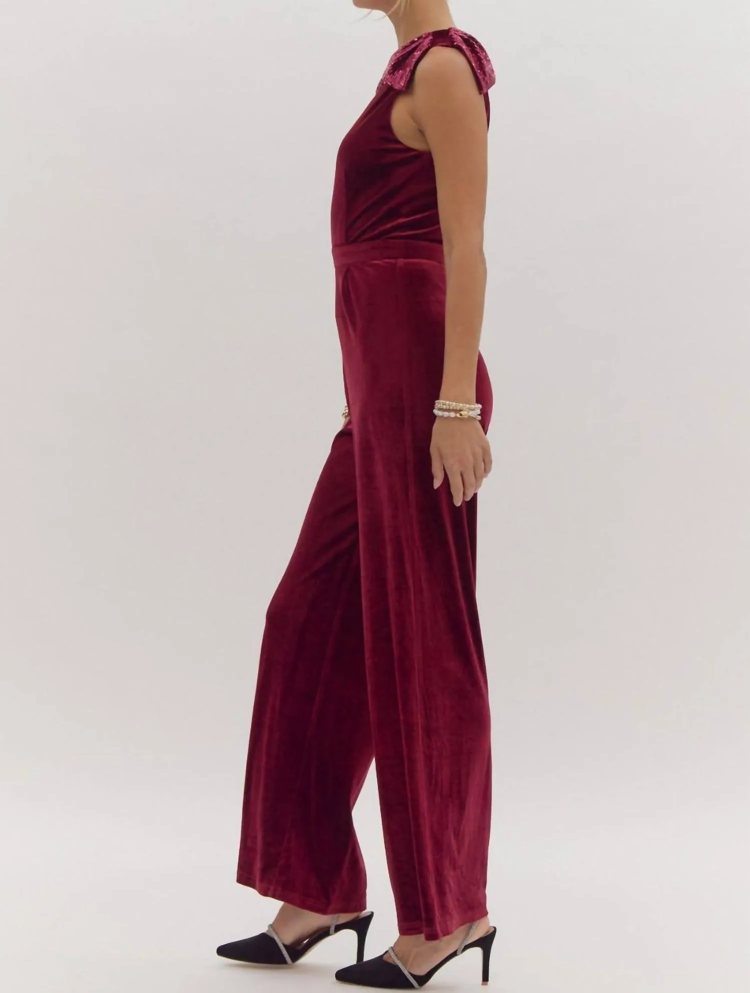 Velvet Sequin Bow Shoulder Jumpsuit In Ruby
