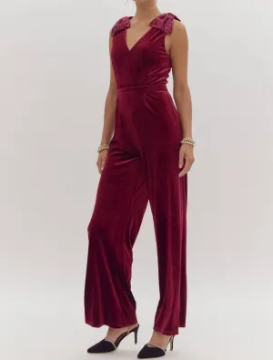Velvet Sequin Bow Shoulder Jumpsuit In Ruby