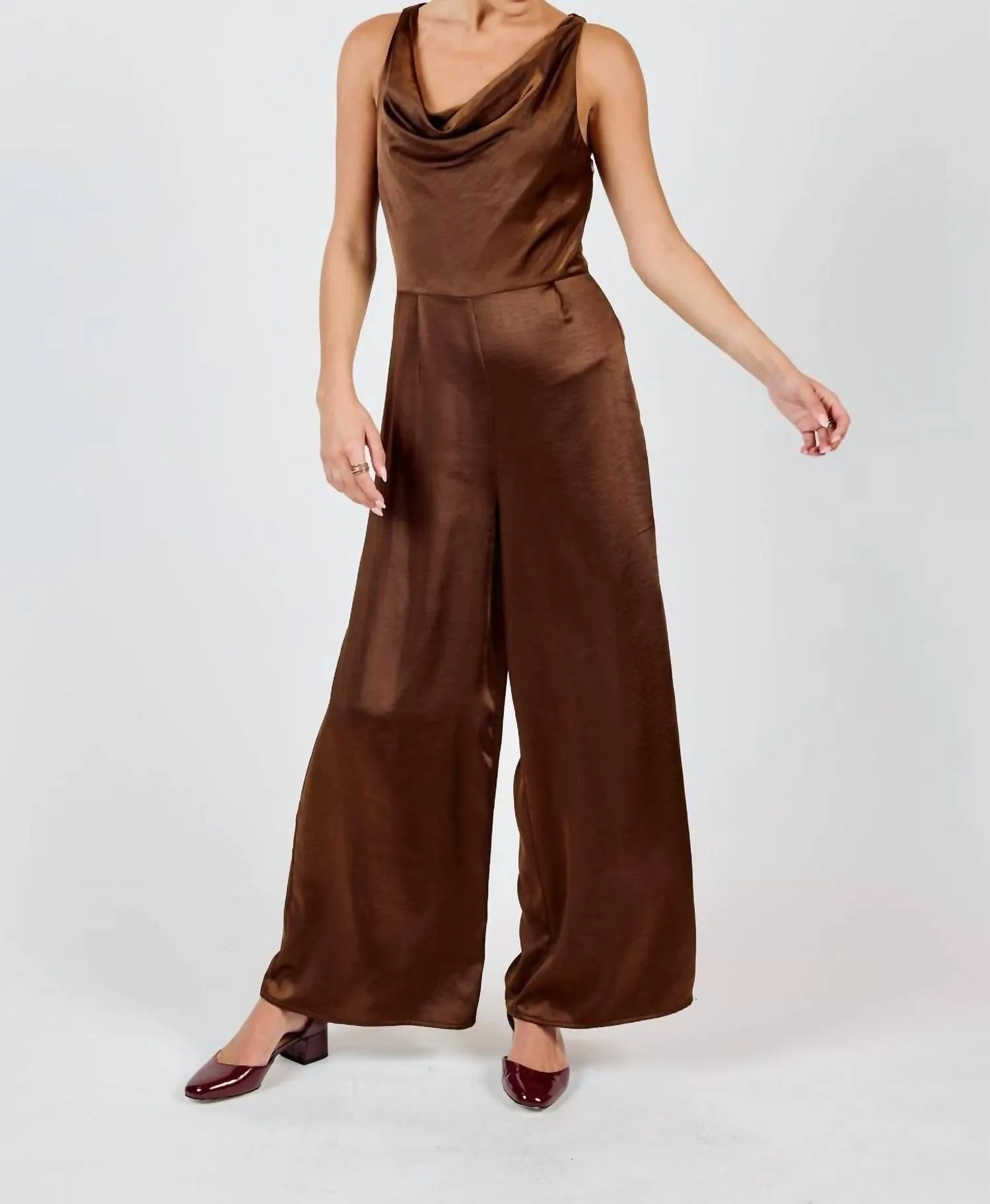 Warm Tea Cowl Neck Jumpsuit In Brown