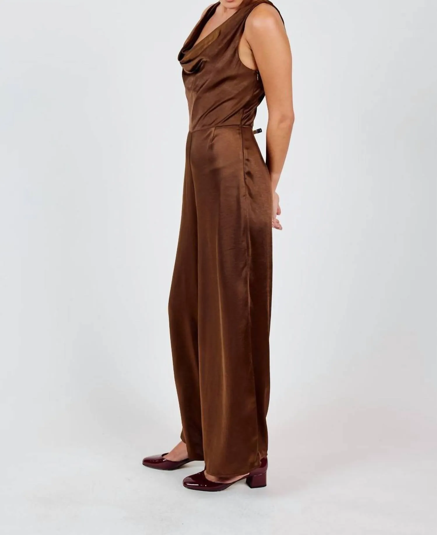 Warm Tea Cowl Neck Jumpsuit In Brown