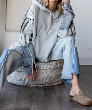 Washed Knit Denim Hoodie In Grey/denim