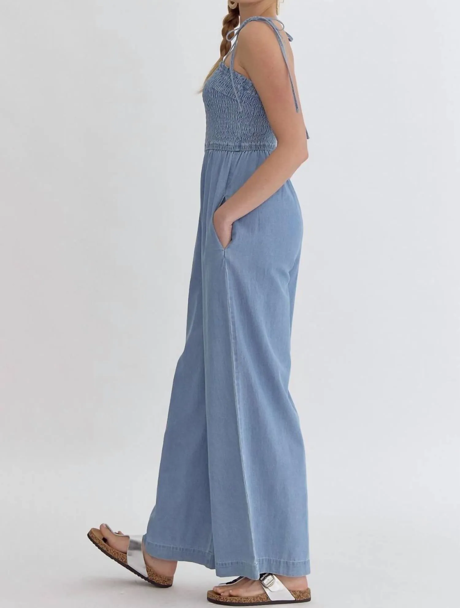 Wide Leg Jumpsuit In Light Denim