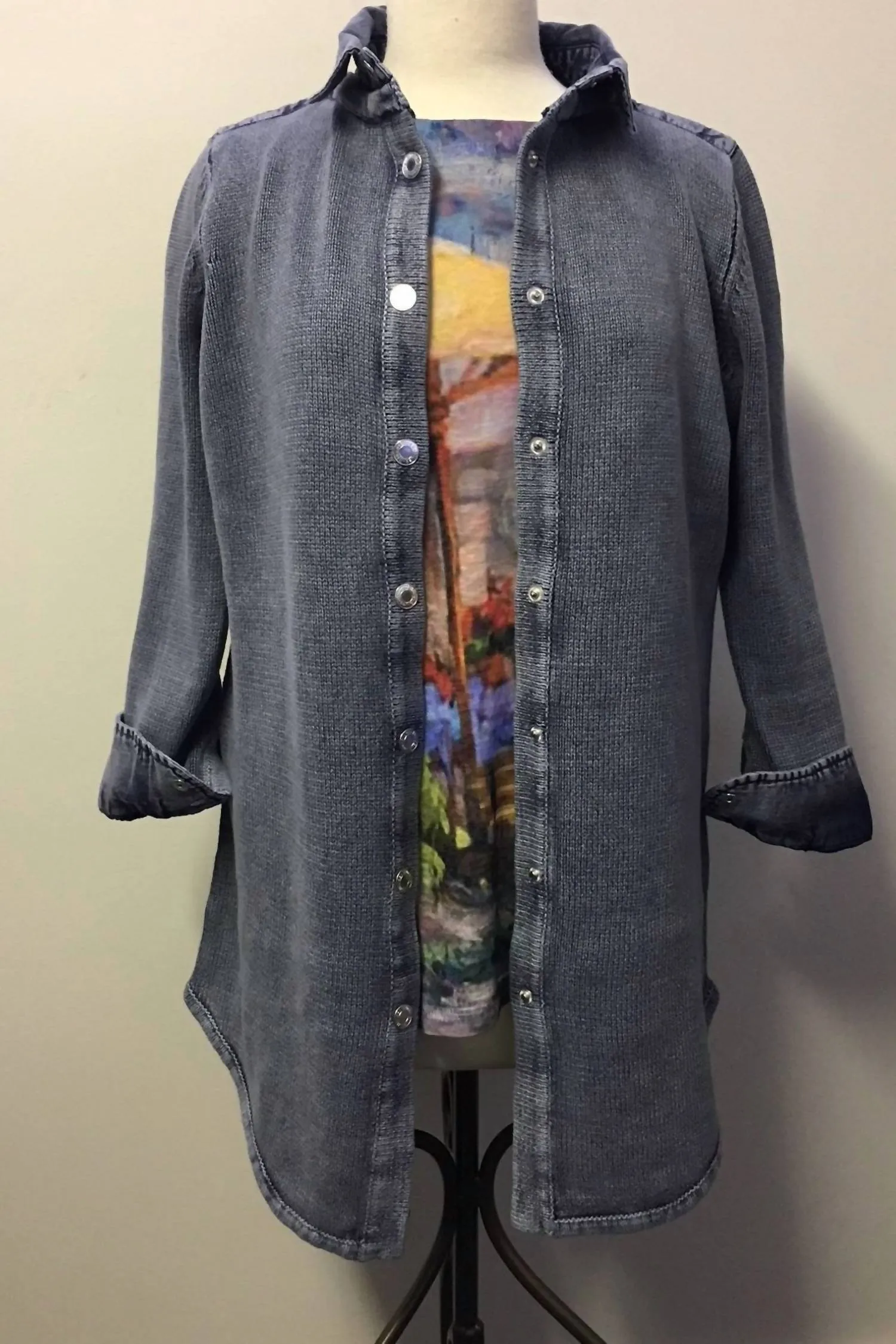 Women's Denim & Knit Tunic Cardigan Sweater In Indigo