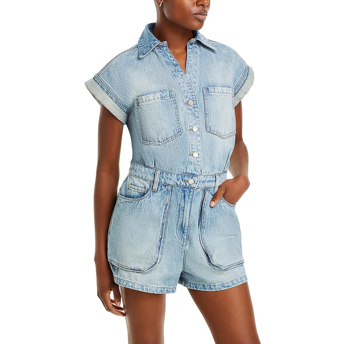 Womens Denim Cuff Sleeves Romper