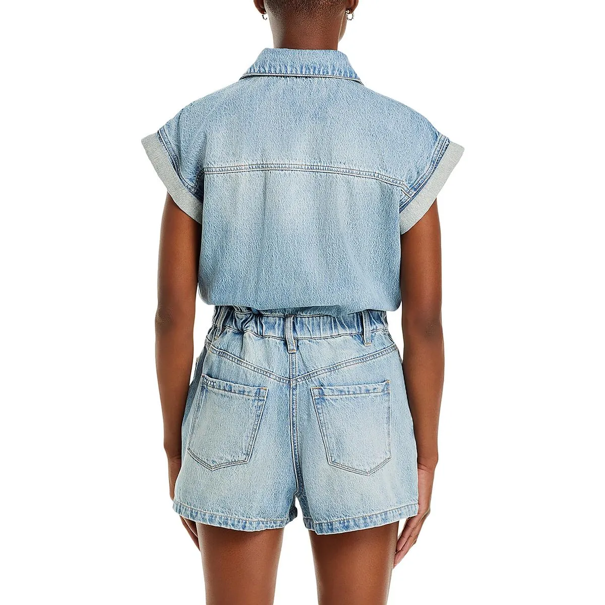 Womens Denim Cuff Sleeves Romper