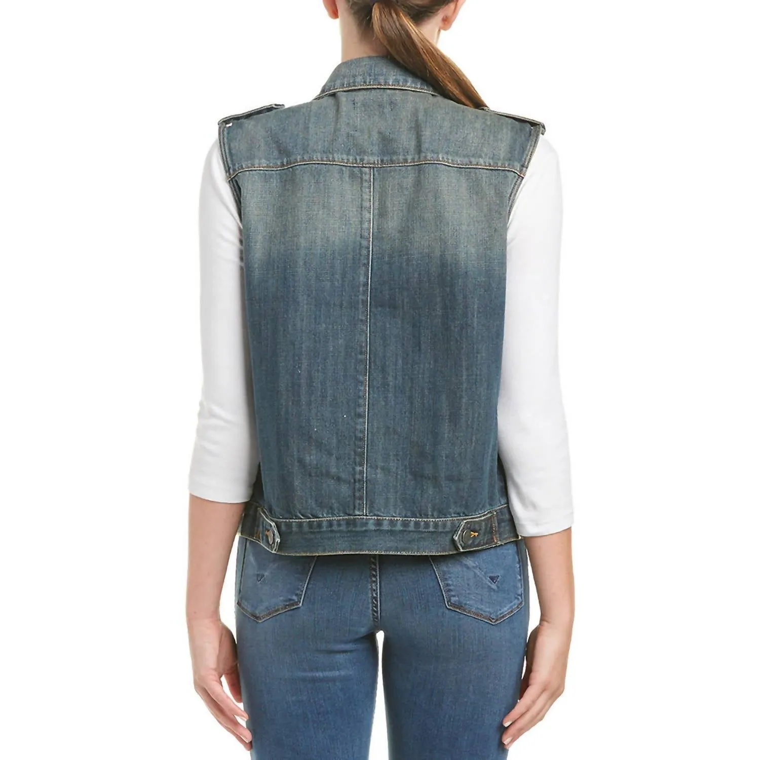 Womens Distressed Denim Vest In Denim Blue