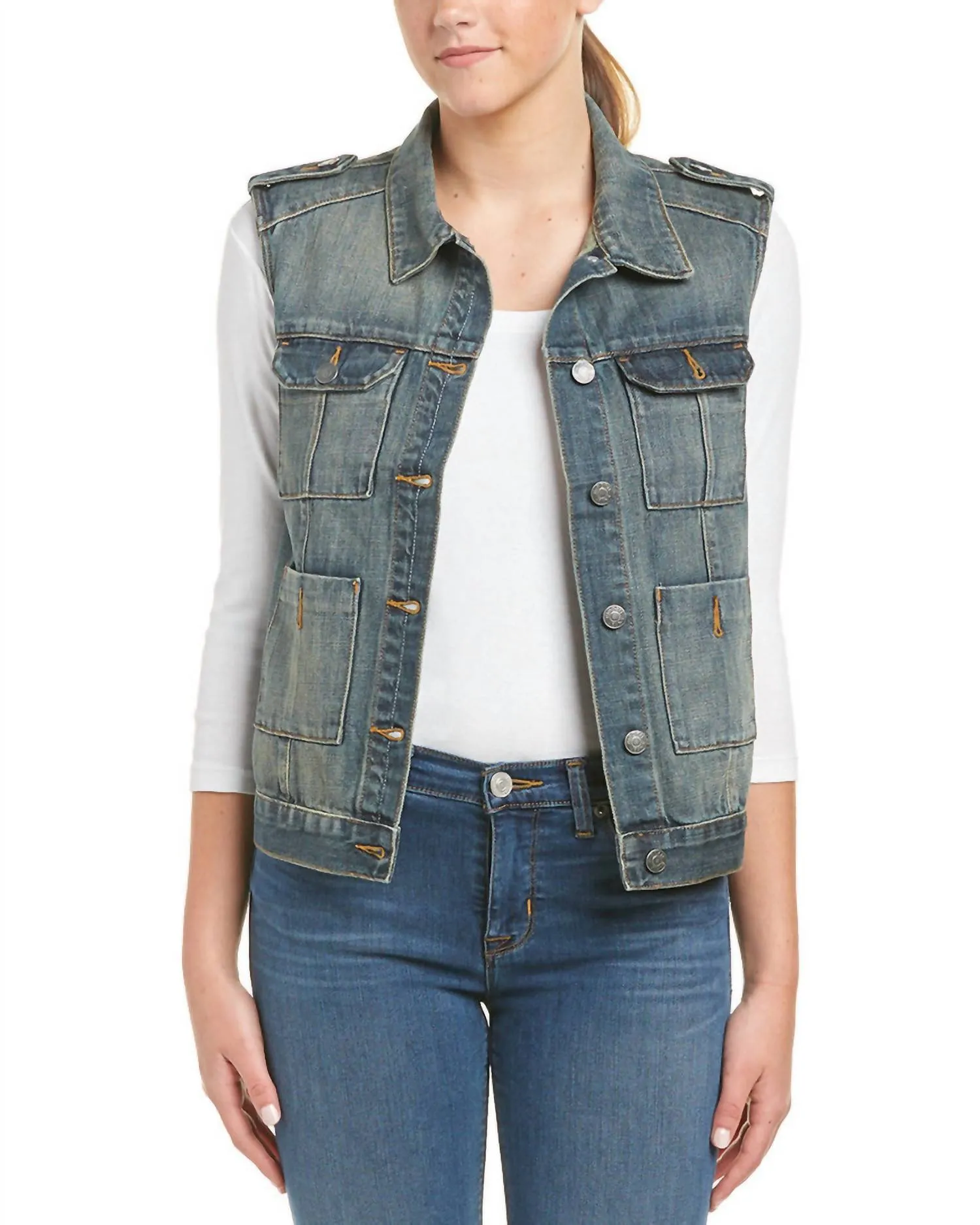 Womens Distressed Denim Vest In Denim Blue